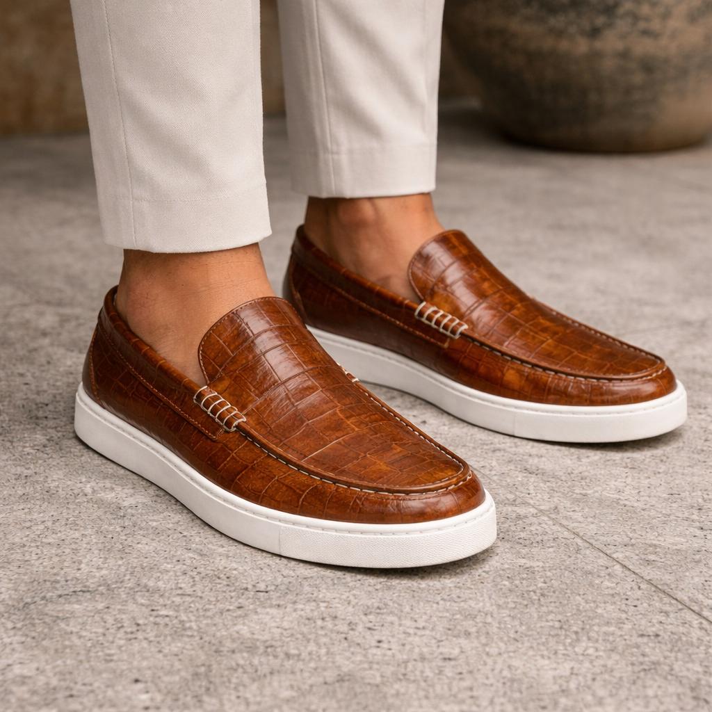 Brown Croc Print Leather Anthea Slip On Sneakers