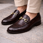 Croco Deep Cut Horse-bit Buckled Leather Dark Brown Loafer