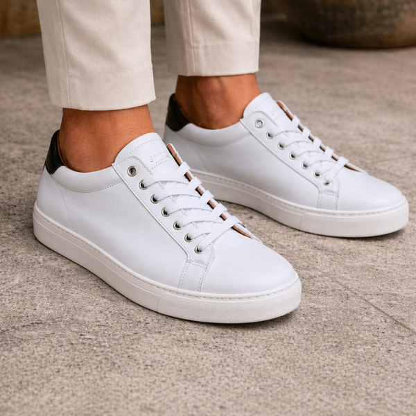 White Leather Sprint Lace-Up Sneakers with White Sole Summer Collection