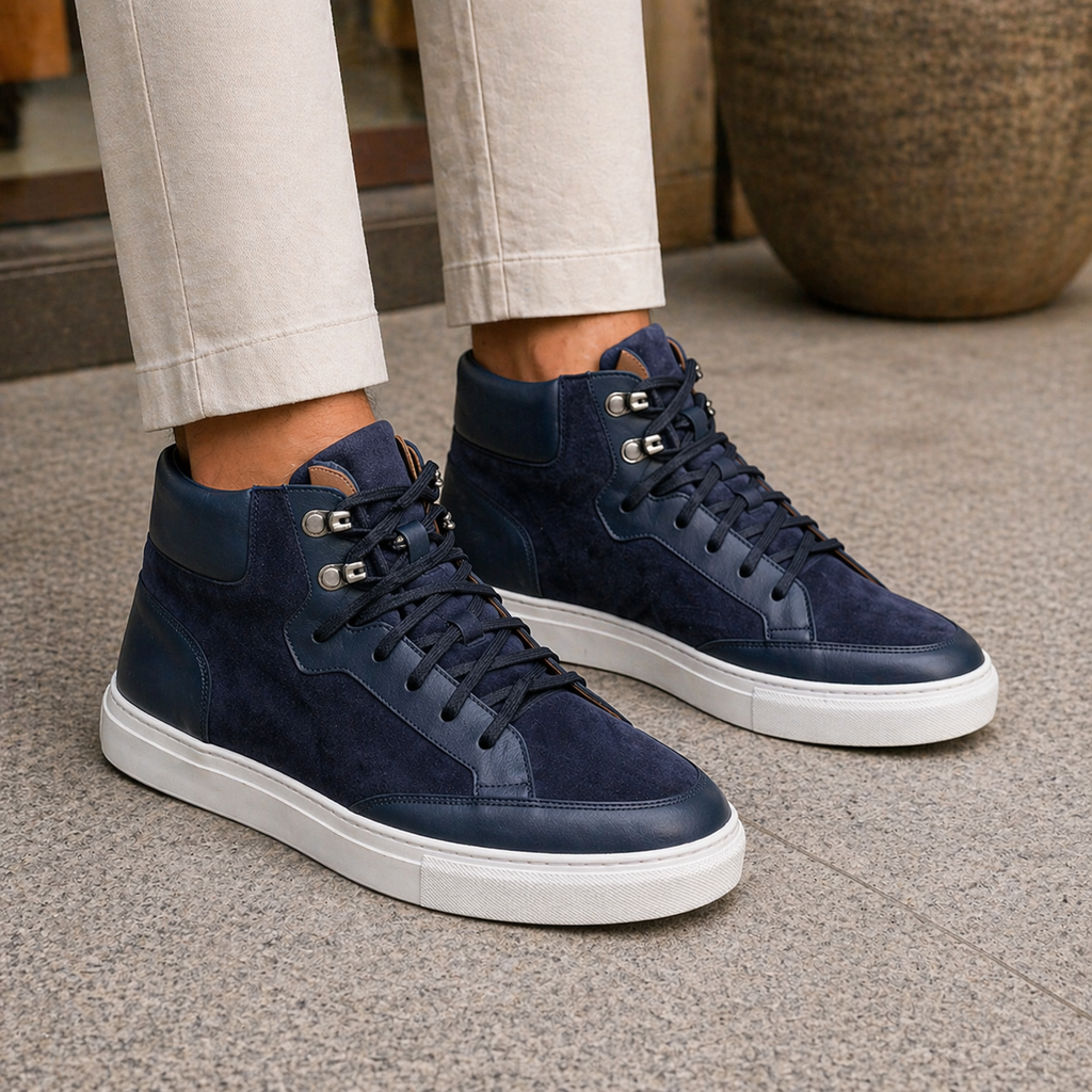 Navy Blue Suede and Leather Foxton Lace Up High Top Sneakers - Summer 2026 Collection