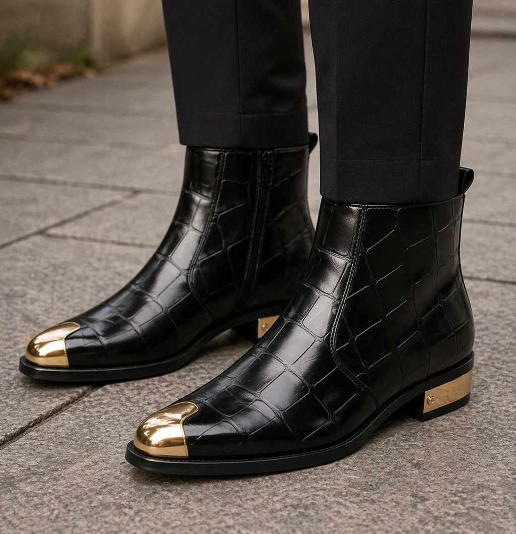 Crocodile Embossed with Golden Toe Zipper Boot