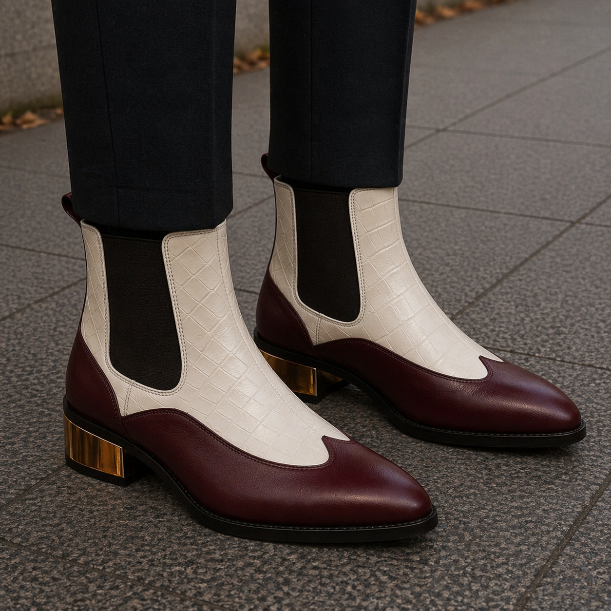 Luxury Dual-Tone Croco Leather Chelsea Boots with Metallic Gold Heel
