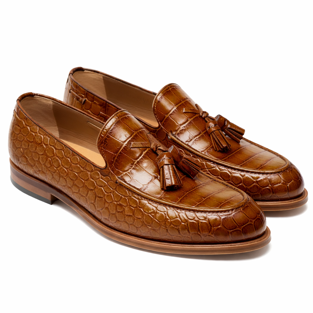 Brown Croc Print Leather Barbican Tassel Loafers