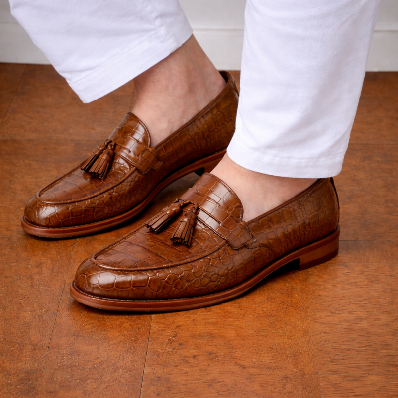 Brown Croc Print Leather Barbican Tassel Loafers