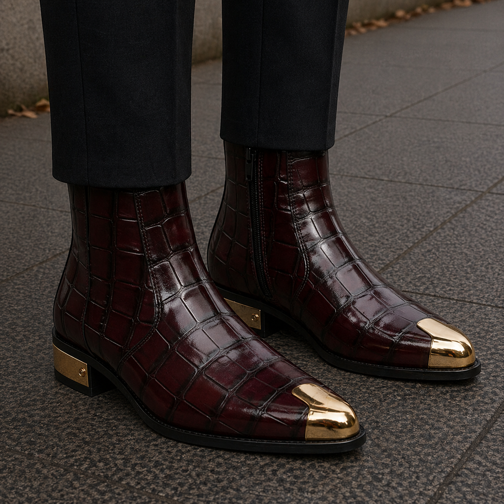 Crocodile Embossed with Golden Toe Zipper Boot