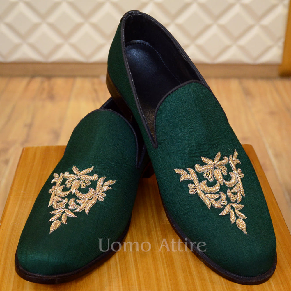 Deep green raw silk embroidered Shoes