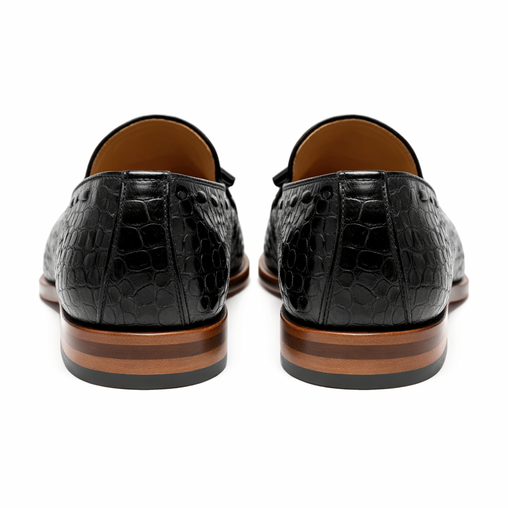 Black Croc Print Leather Barbican Tassel Loafers
