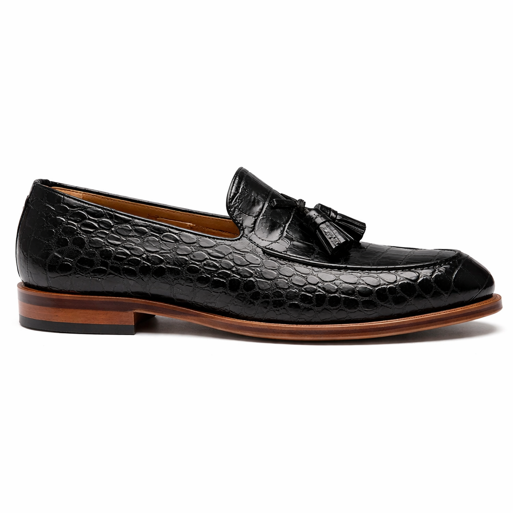 Black Croc Print Leather Barbican Tassel Loafers