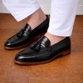 Black Croc Print Leather Barbican Tassel Loafers