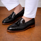 Black Croc Print Leather Barbican Tassel Loafers