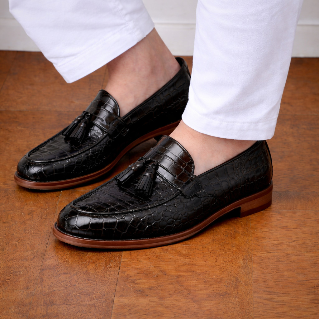 Black Croc Print Leather Barbican Tassel Loafers