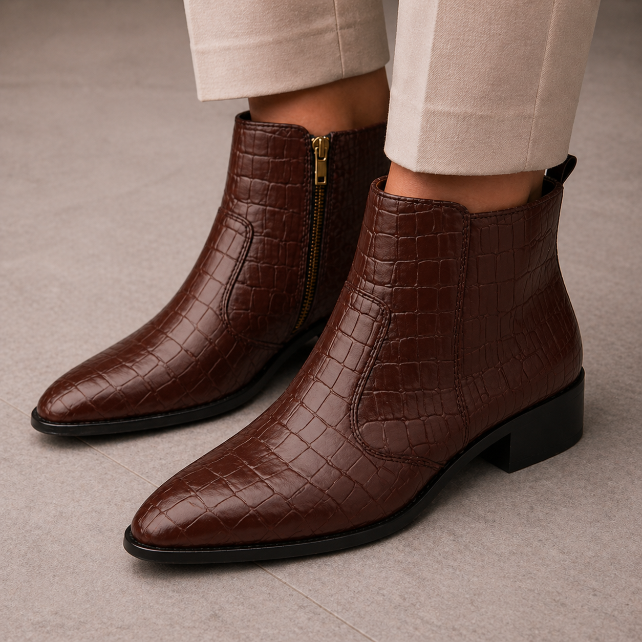 KAZAN - BROWN CROCO CUBAN HEEL BOOT