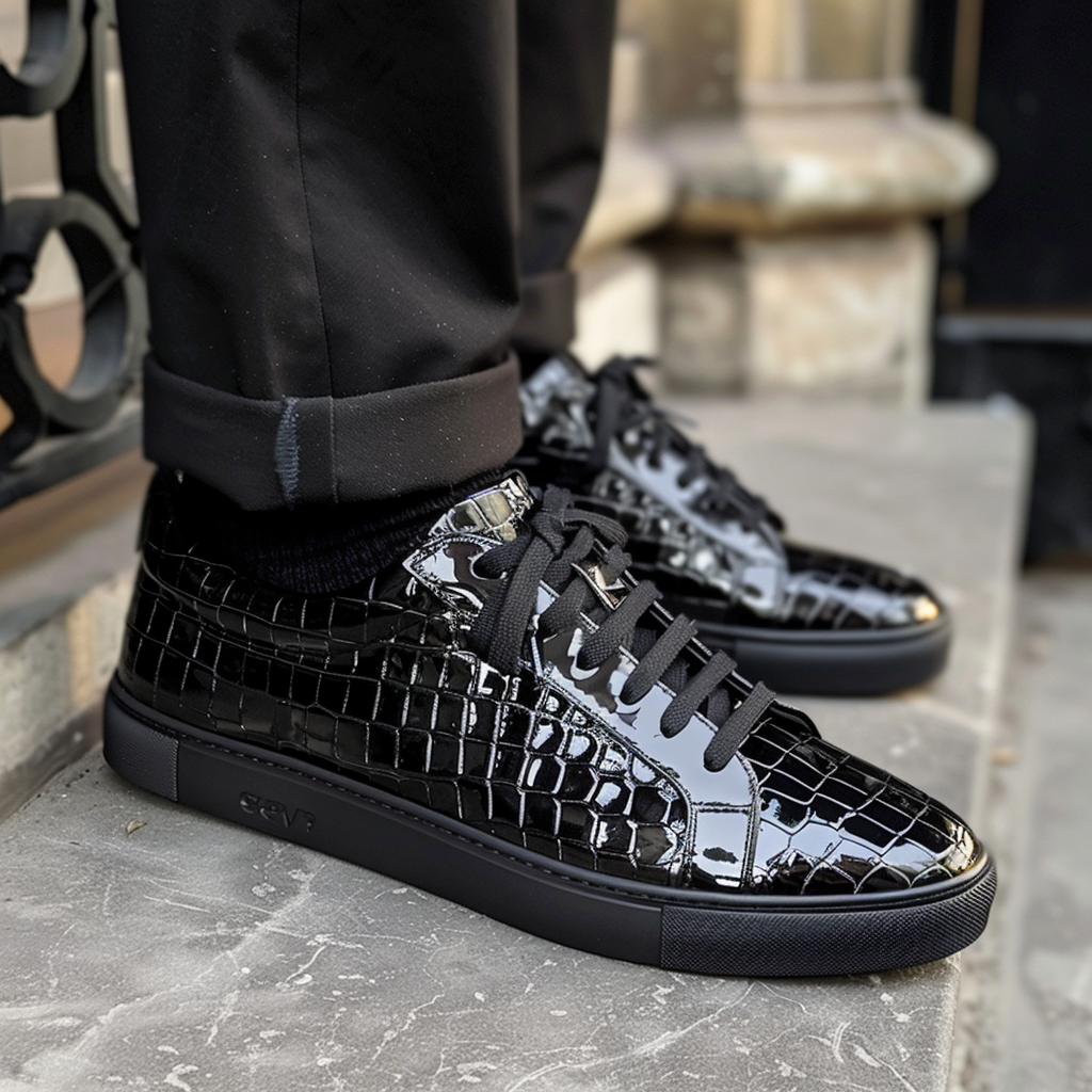 Black Croc Print Leather Modesto Lace Up Sneakers