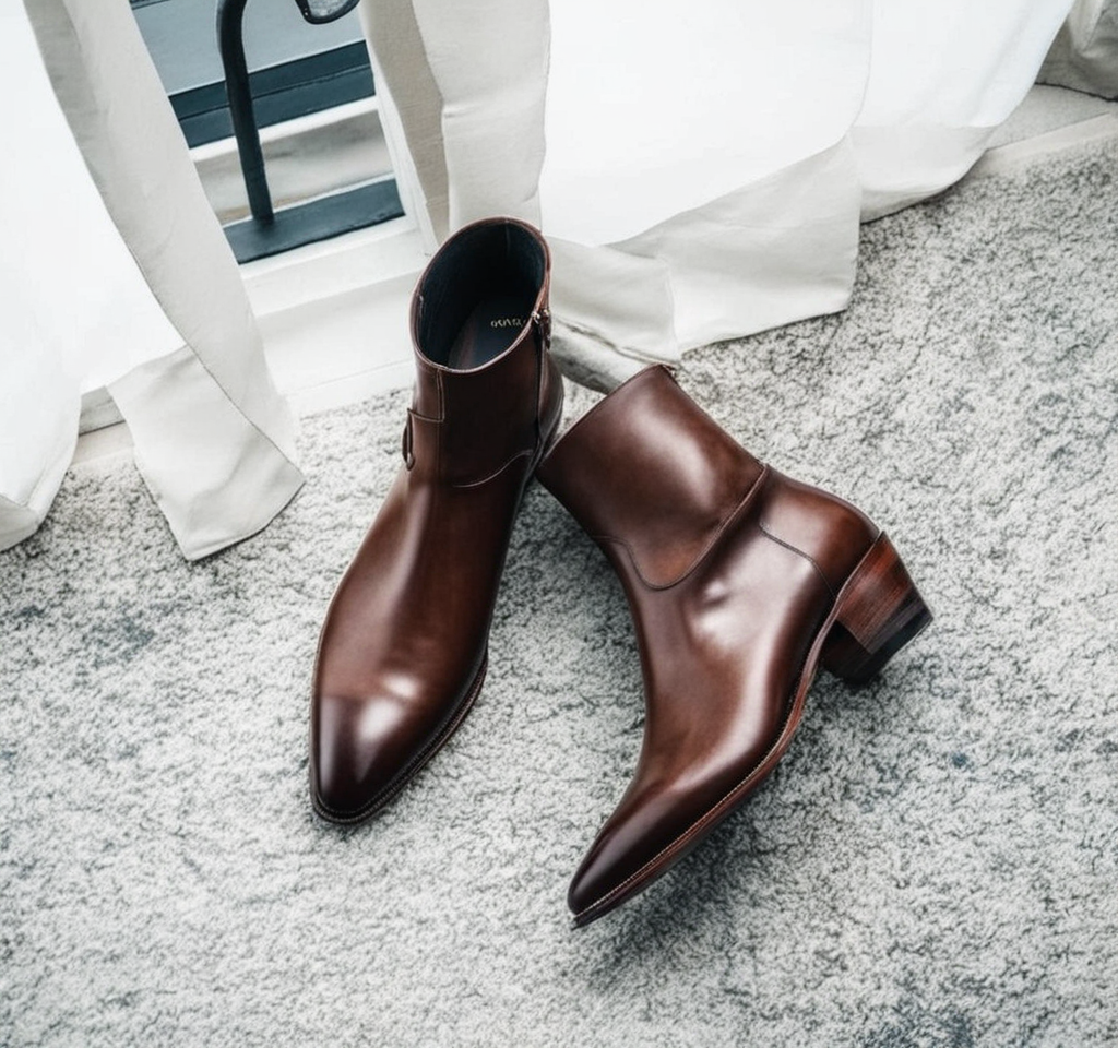 Brown  Lazzer Slip On Zipper Pointed Boots