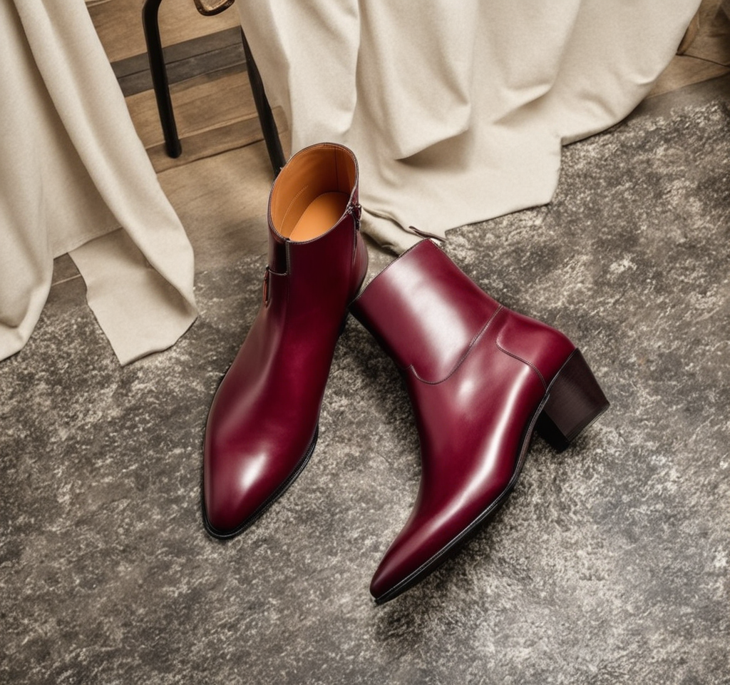 Burgundy Leather  Zipper Pointed Boots