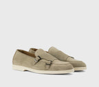 Sand-coloured suede double-buckle loafer