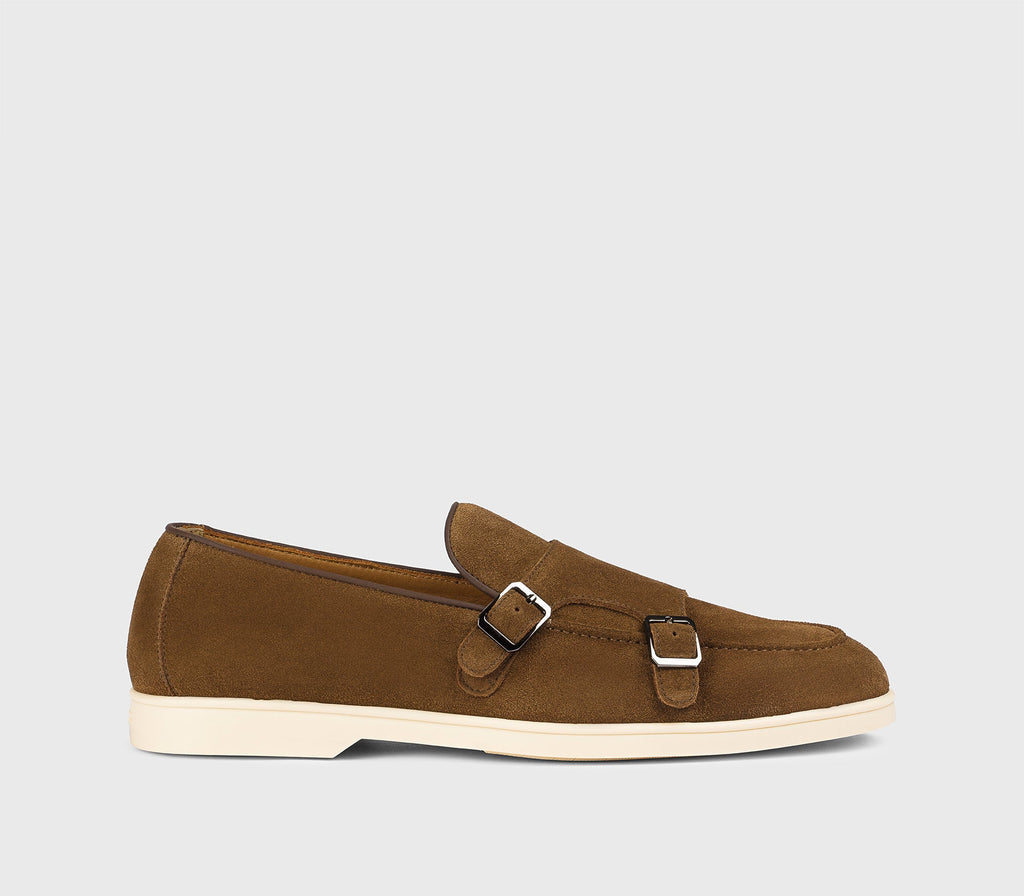 “Snuff” brown suede double-buckle loafer