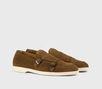 “Snuff” brown suede double-buckle loafer