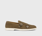 Moss-coloured suede double-buckle loafer