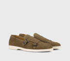 Moss-coloured suede double-buckle loafer