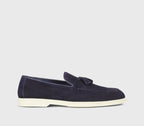 Blue suede loafer with tassels