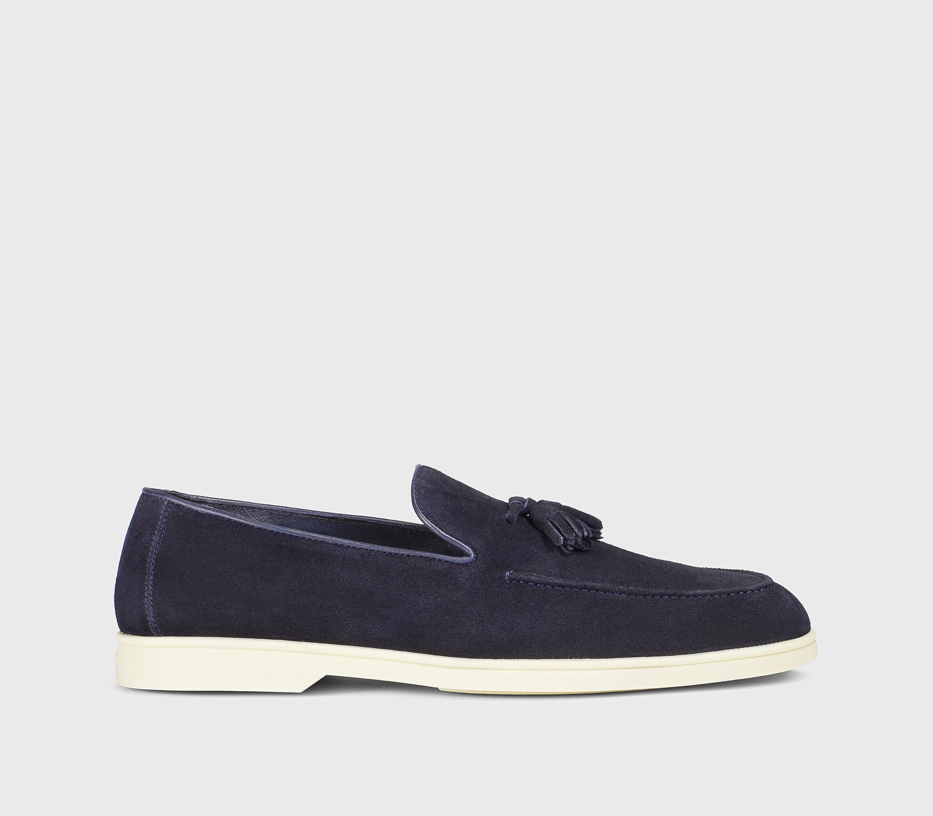 Blue suede loafer with tassels