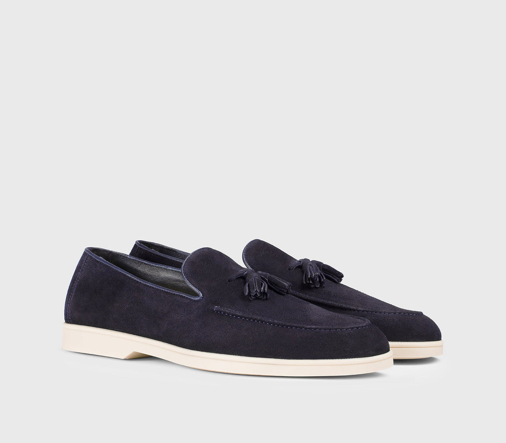 Blue suede loafer with tassels