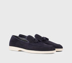 Blue suede loafer with tassels