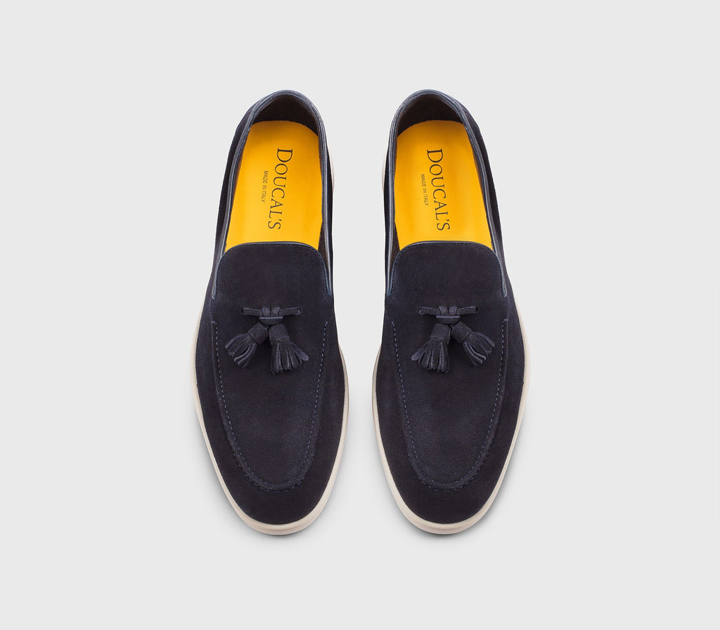 Blue suede loafer with tassels