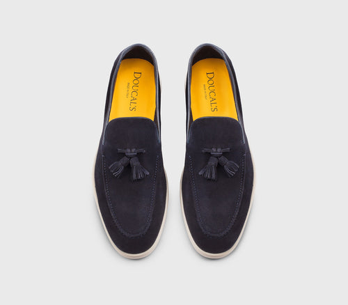 Blue suede loafer with tassels