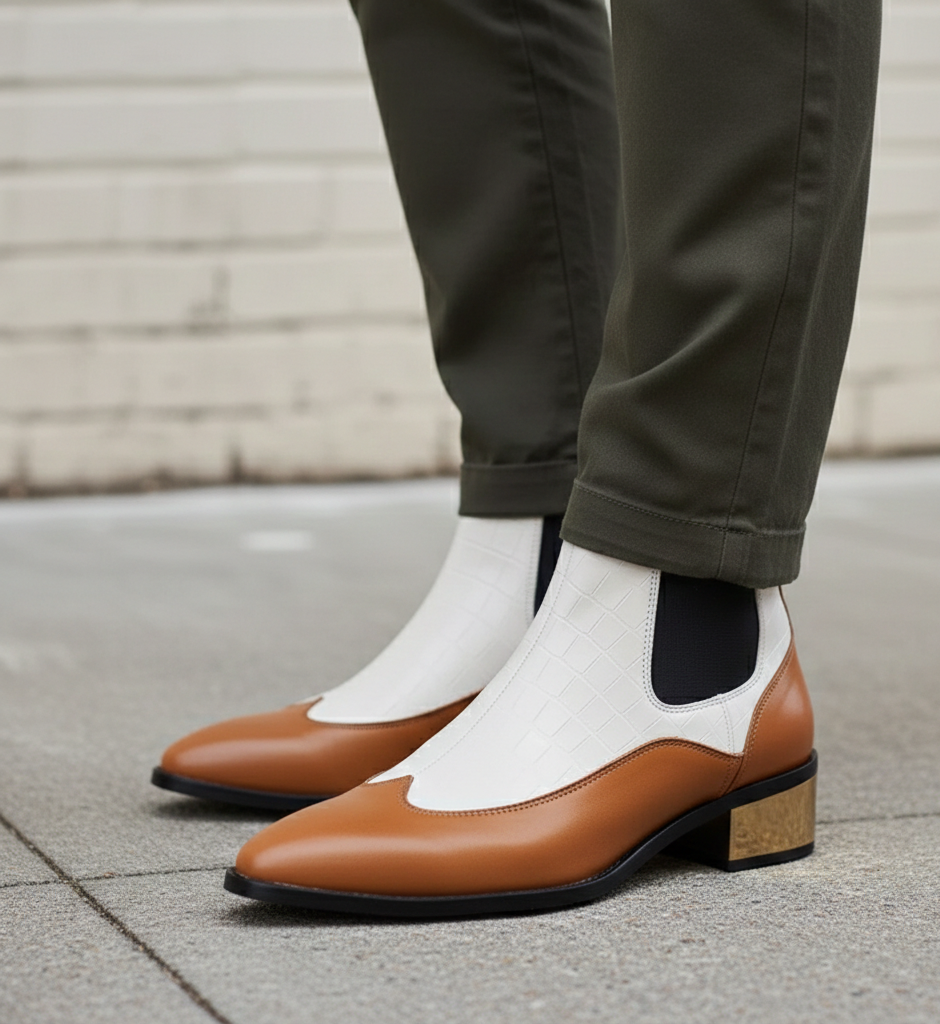 Luxury Dual-Tone Croco Leather Chelsea Boots with Metallic Gold Heel