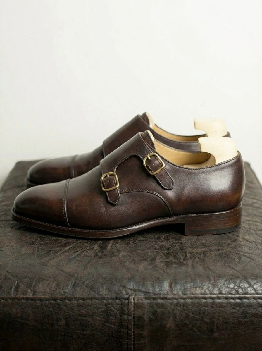 Brown Leather Lysander Toe Cap Monk Straps - Formal Shoes - AW24