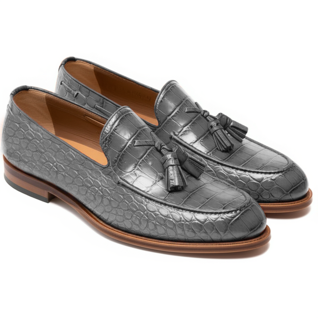 Grey Croc Print Leather Barbican Tassel Loafers