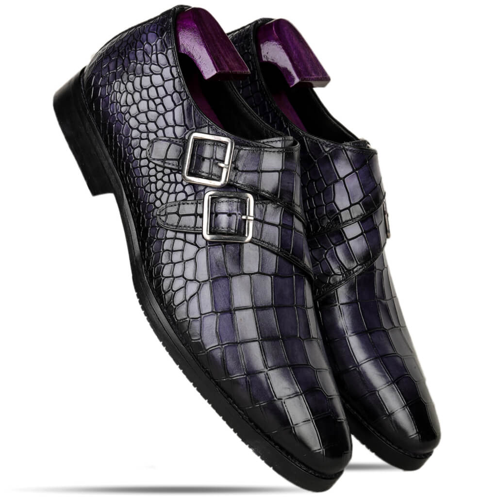 Unparalleled Luxury: Blue Patina Finish Double Monkstrap with Croco Texture
