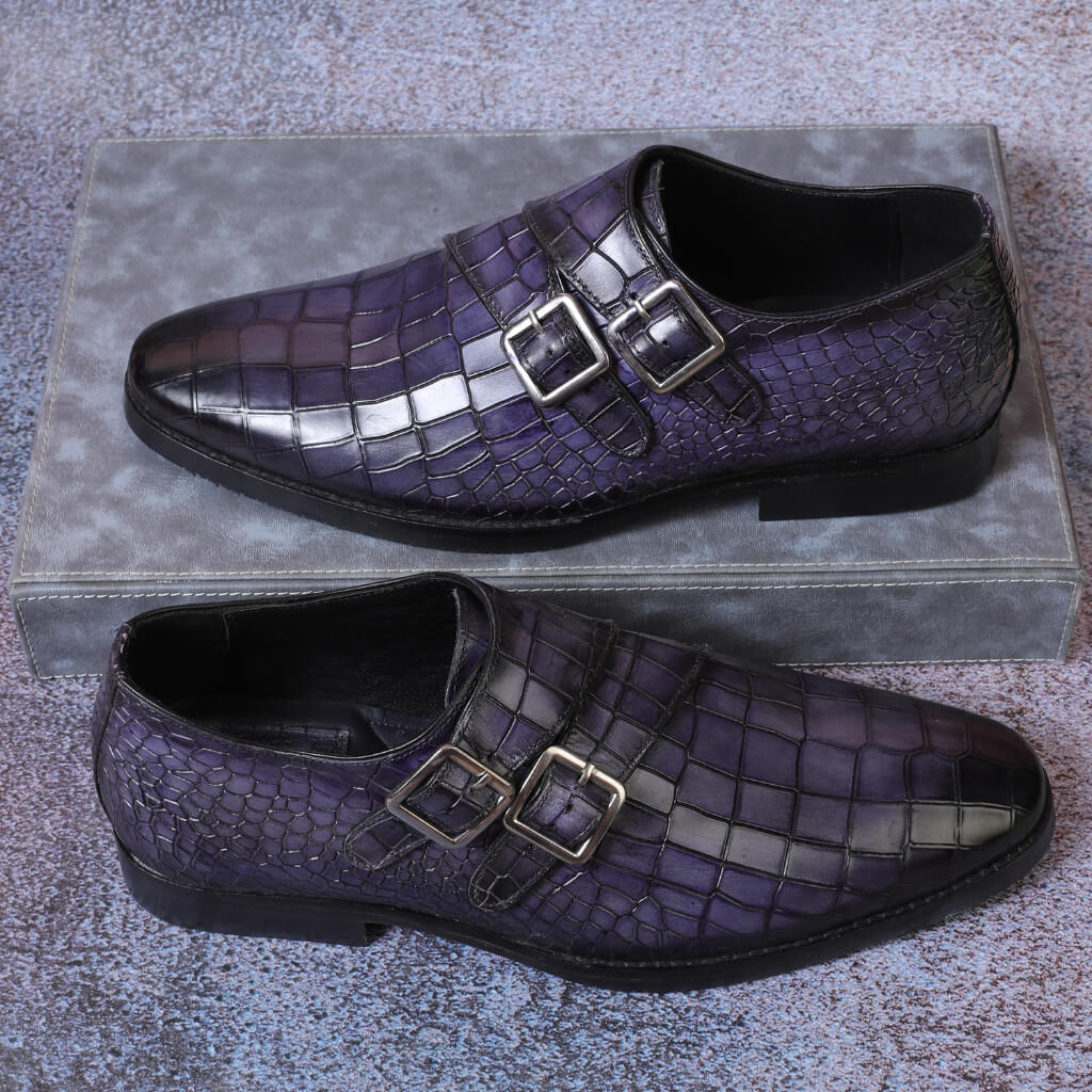 Unparalleled Luxury: Blue Patina Finish Double Monkstrap with Croco Texture