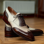 Brown and White Leather Evadne Brogue Wingtip Spectator Oxfords - Formal Shoes - Summer 2024 Collection