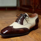Brown and White Leather Evadne Brogue Wingtip Spectator Oxfords - Formal Shoes - Summer 2024 Collection