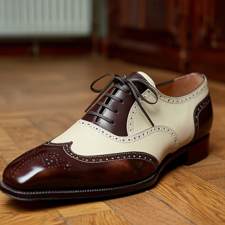 Brown and White Leather Evadne Brogue Wingtip Spectator Oxfords - Formal Shoes - Summer 2024 Collection