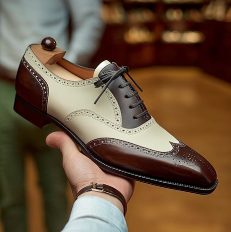 Brown and White Leather Evadne Brogue Wingtip Spectator Oxfords - Formal Shoes - Summer 2024 Collection