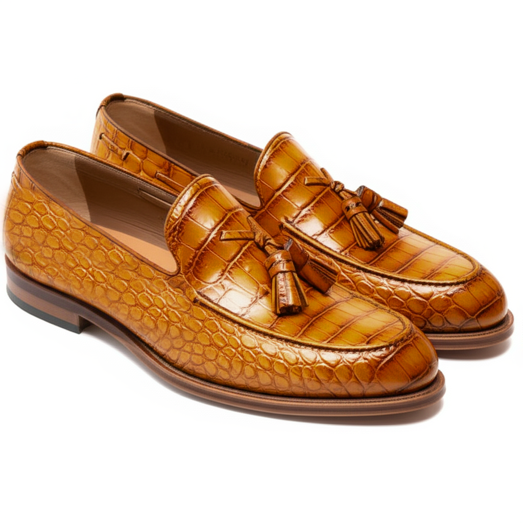Tan Croc Print Leather Barbican Tassel Loafers