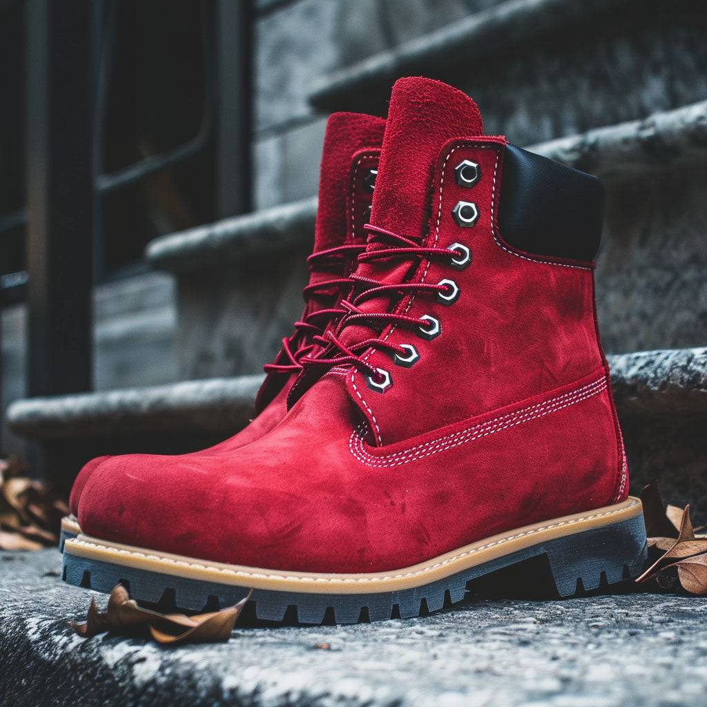 Red Nubuck Ankle Rugged Lace Up Combat Hiking Boots with Chunky Track Sole