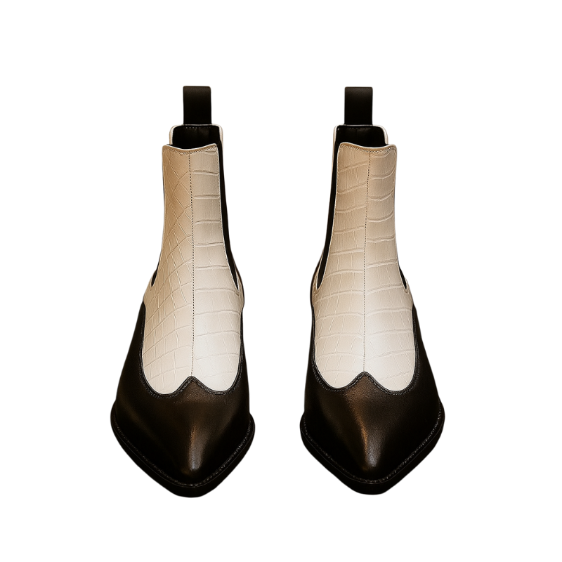 Luxury Dual-Tone Croco Leather Chelsea Boots with Metallic Gold Heel
