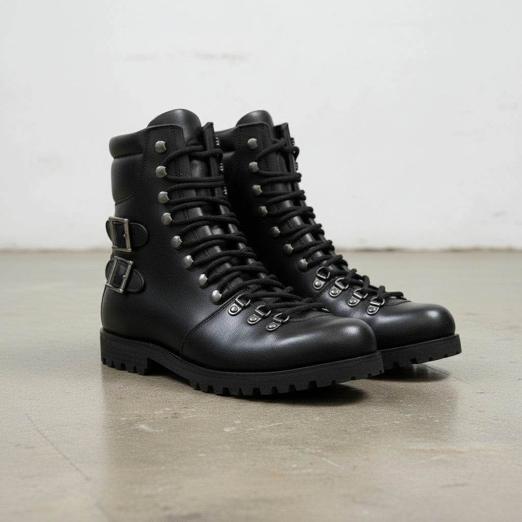 Men's Black Plain-Toe Leather Hiker Boots -