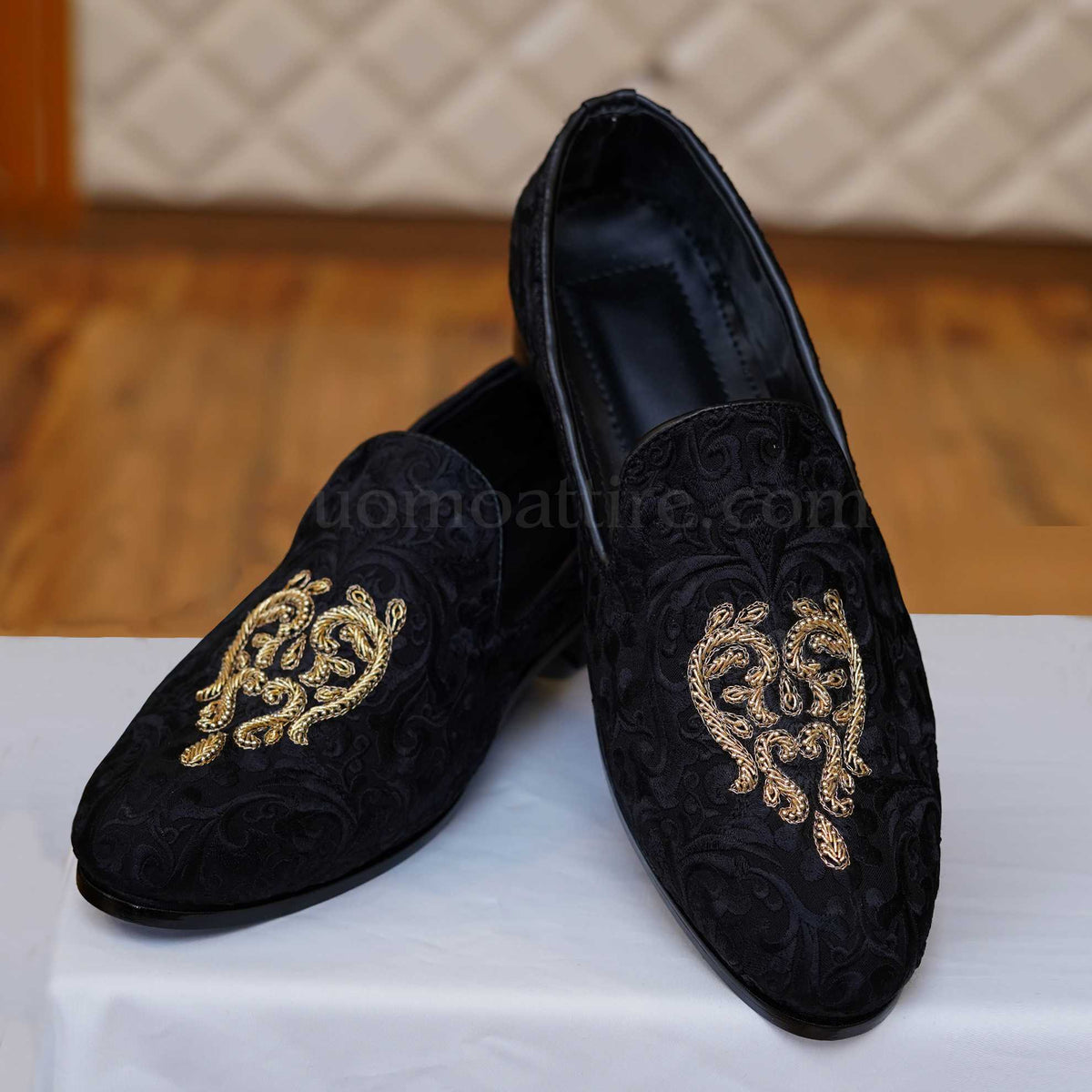Embroidered fabric black shoes with hand embellishment