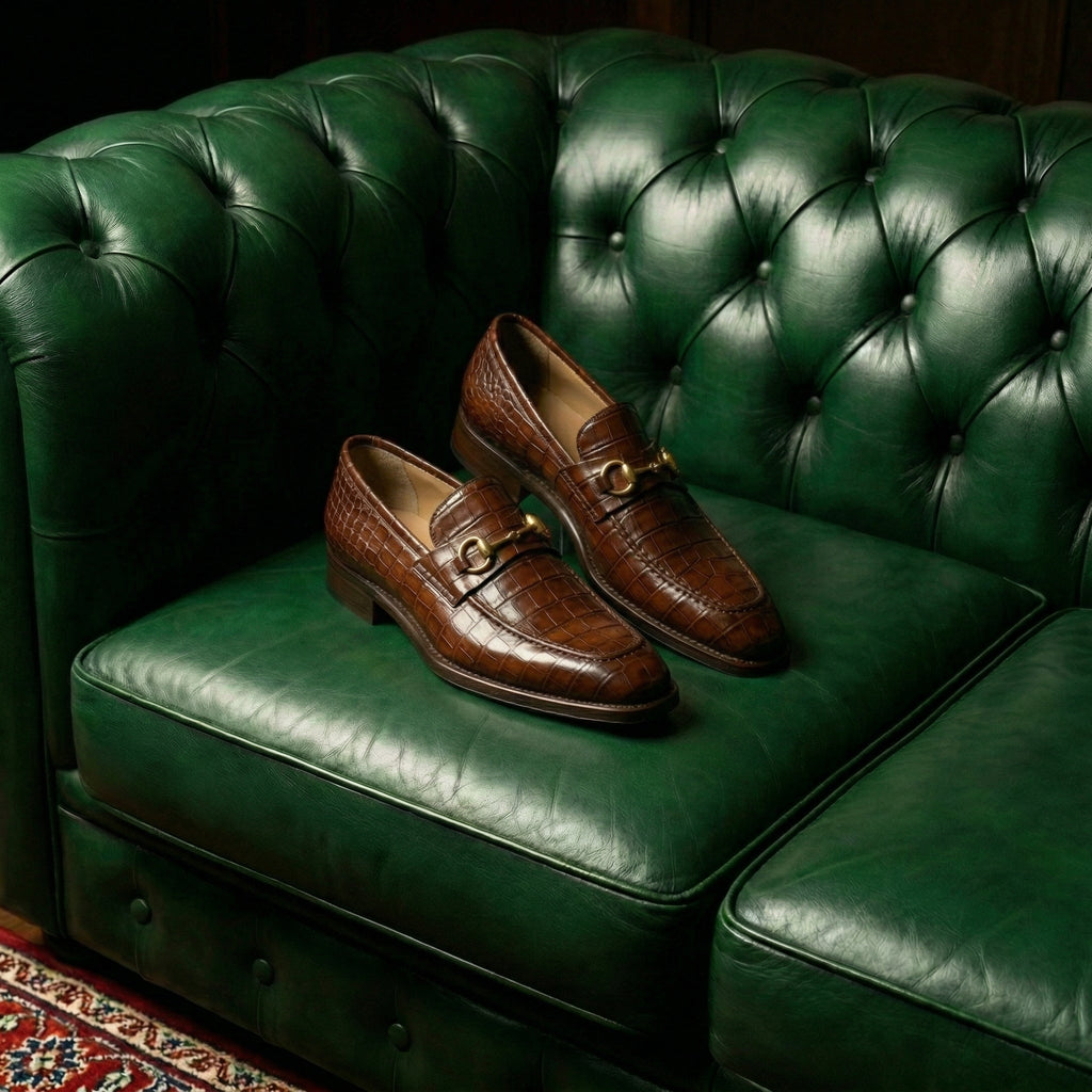 Brown Croc Print Leather Lucente Horse Bit Loafer