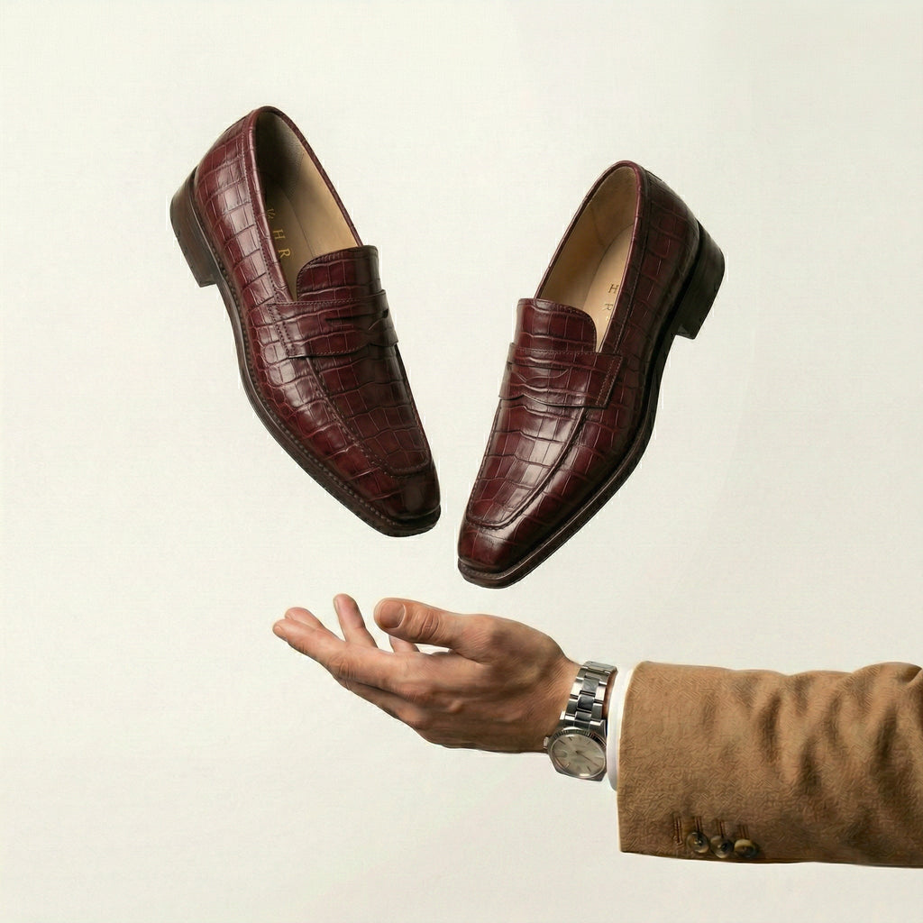 Burgundy Croc Print Leather Lucente Penny Loafer Shoes