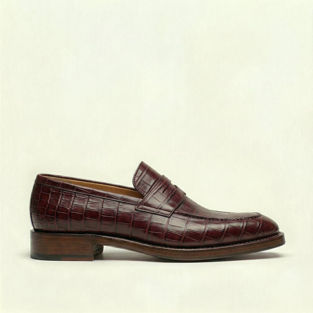 Burgundy Croc Print Leather Lucente Penny Loafer Shoes