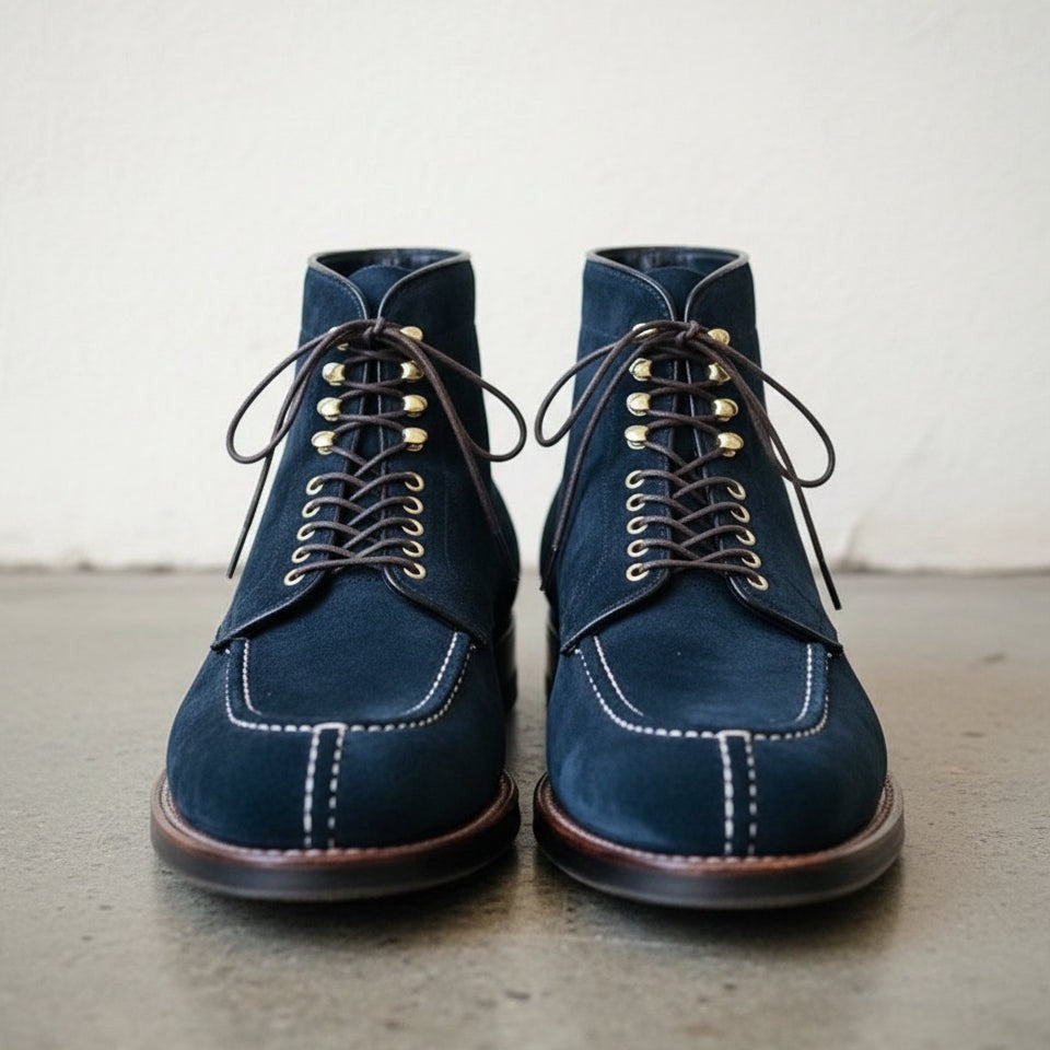 Men's Navy Apron-Toe Suede Derby Ankle Boots — HARROW