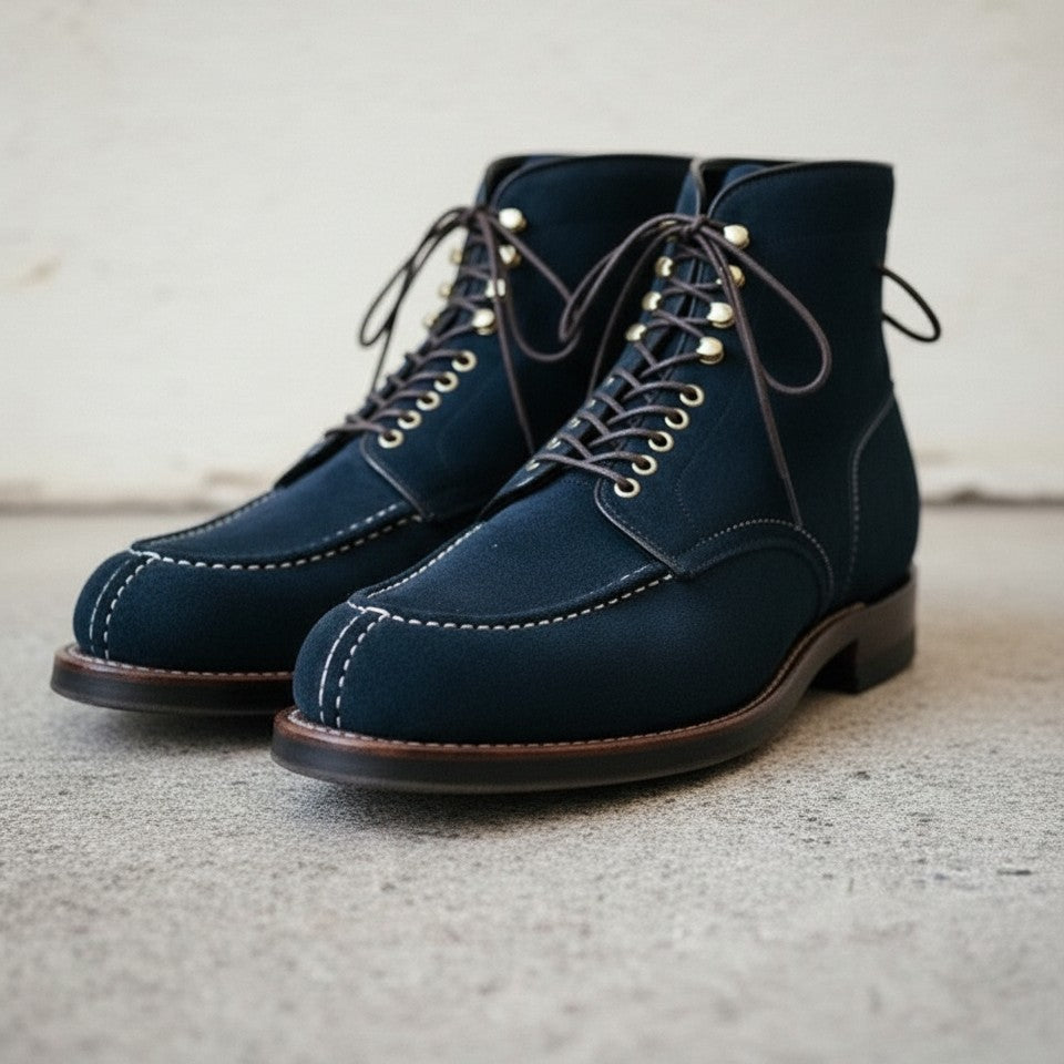 Men's Navy Apron-Toe Suede Derby Ankle Boots — HARROW