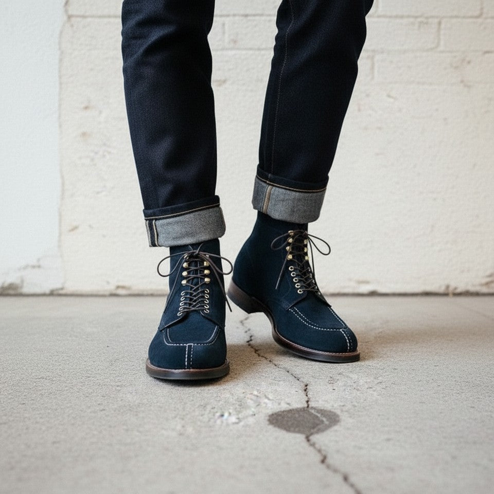 Men's Navy Apron-Toe Suede Derby Ankle Boots — HARROW
